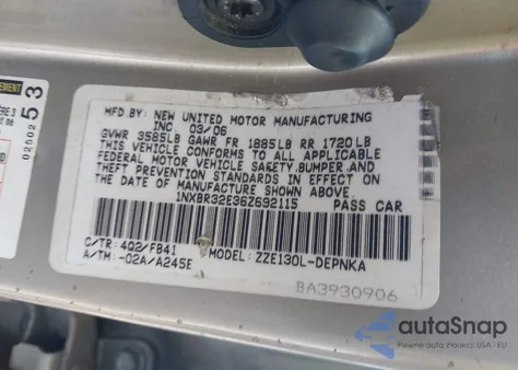 2006 Toyota Corolla Le из США, поврежденный, VIN 1NXBR32E36Z692115